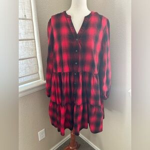 Red and Black Plaid Button-Front Tiered Tunic Dress Time and Tru XL